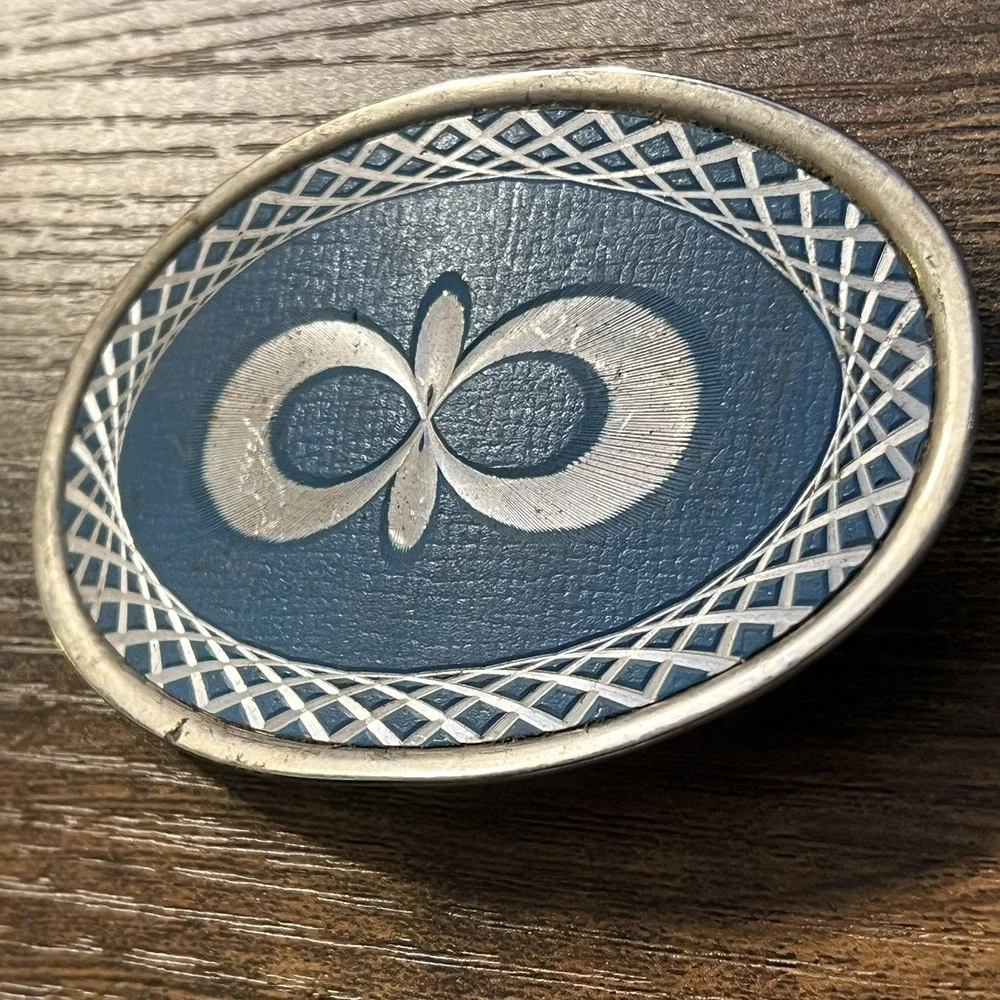 Vintage Western Belt Buckle Blue White Silver Etched Geometric Rope Border Metal